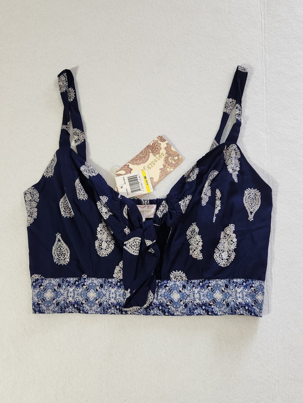 Band of Gypsies Navy and White Paisley Tie-Front Crop Top Size Medium